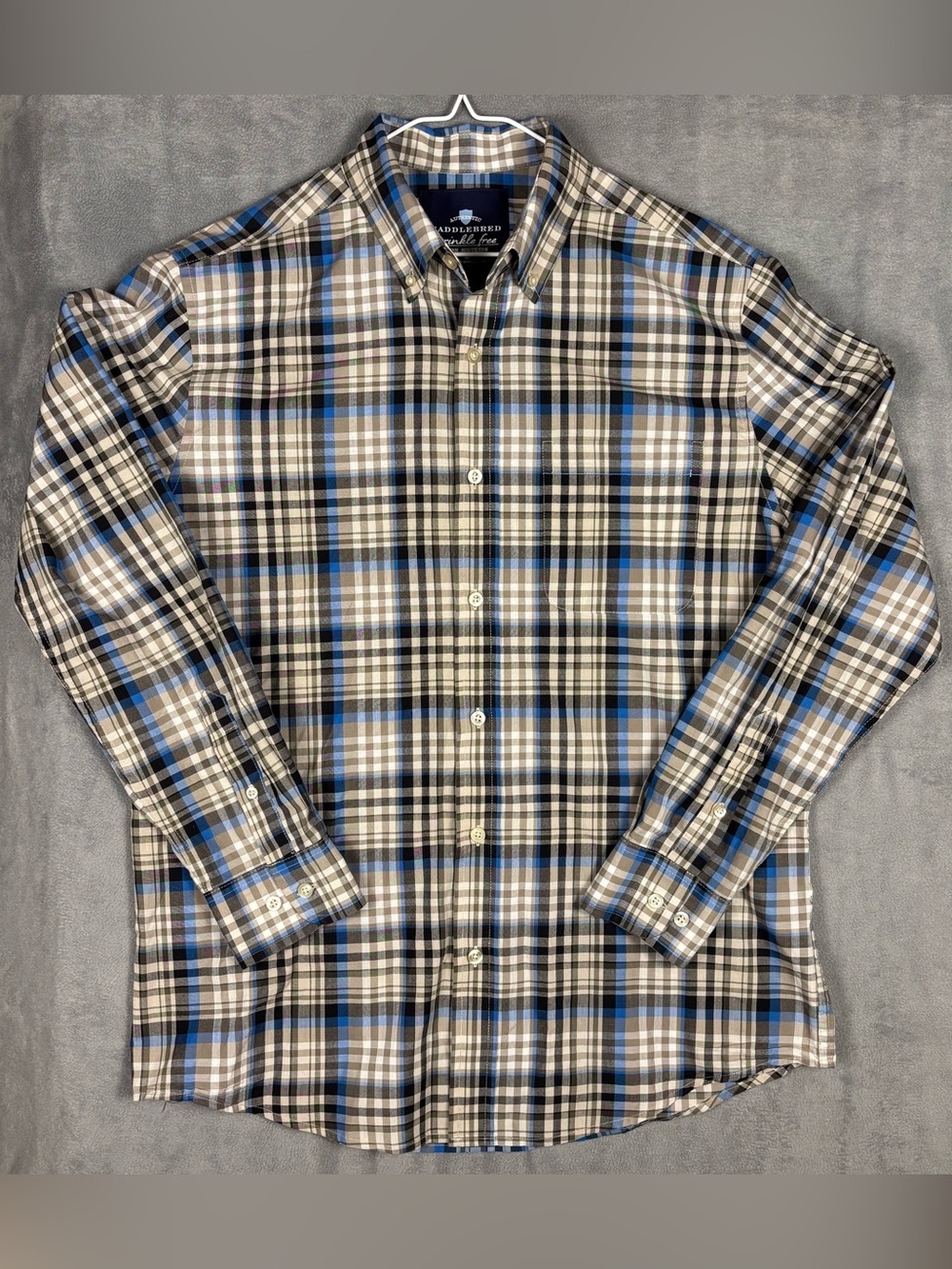 Saddlebred Men's M Plaid Button Down Shirt Wrinkle Free Blue Beige‎ Long Sleeve